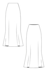 Fashion technical illustration A-line long skirt invisible side zipper, no waistband, fashion flat technical drawing template, high waist, front and back view, white, feminine, CAD mockup set.