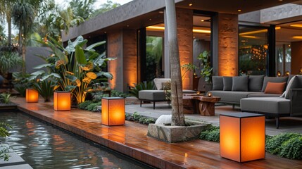 Summer celebration unfolds at a contemporary garden venue with refreshing furnishings and soft, indirect lighting. 