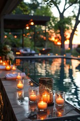 Summer celebration unfolds at a contemporary garden venue with refreshing furnishings and soft, indirect lighting. 