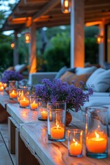 Summer celebration unfolds at a contemporary garden venue with refreshing furnishings and soft, indirect lighting. 