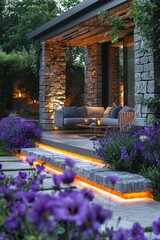 Summer festivity in a contemporary garden setting with refreshing furniture, indirect lighting, and minimalist icy touches. 