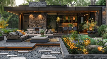 Summer festivity in a contemporary garden setting with refreshing furniture, indirect lighting, and minimalist icy touches. 