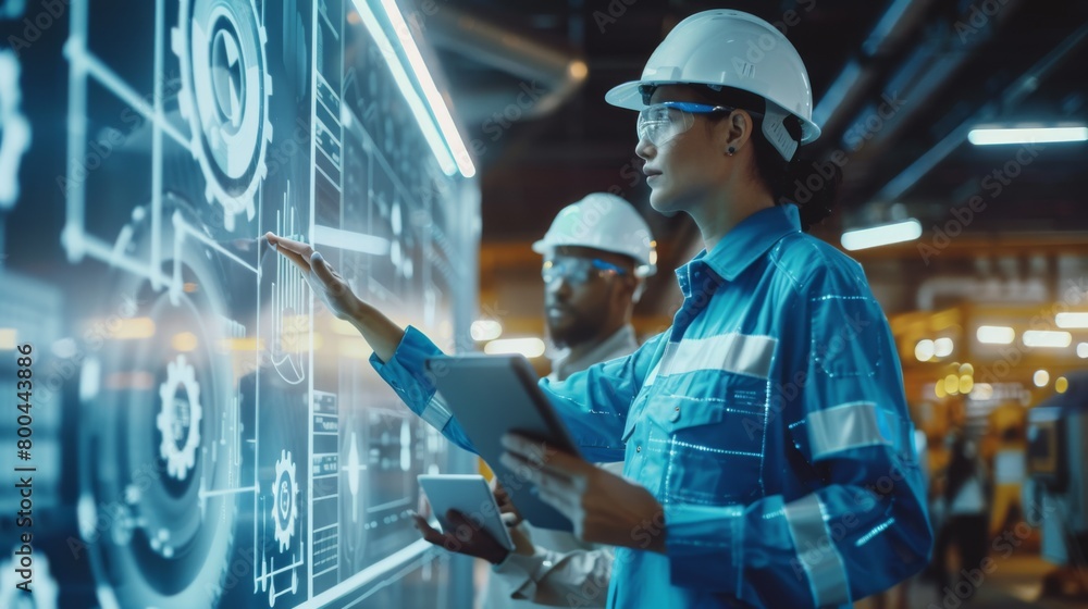 Poster engineers interacting with digital interface.
