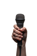 Close up hand with microphone on transparent background, Isolate object - Generarive AI