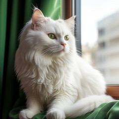 cat sitting on the window, White cat with green eyes sitting near the window and looking into the camera stock photo-