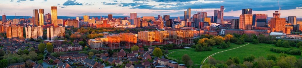 Panoramic aerial image of Manchester and Salford skyline showing the Meadow park on a sunset time. 