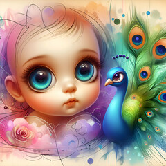 Fototapeta premium Abstract Baby Girl and Peacock: Digital Artistic Delight