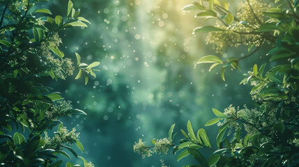 A lush green forest with a bright sun shining through the leaves