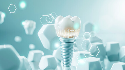 Digital dental implant surrounded by glowing hexagons symbolizing advanced innovative technologies in dentistry and medicine, blue background. Concept of dental treatment and prosthetics, implantology