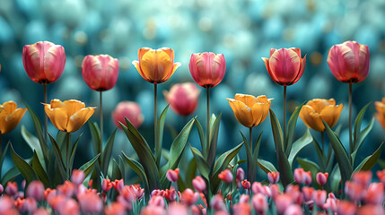 Vibrant Field of Pink and Yellow Tulips in Serene Spring Setting
