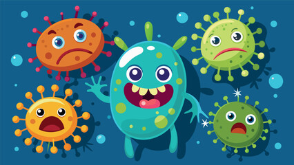 Bacteria, microbes, germs, viruses, cartoon characters in various positions and attitudes-