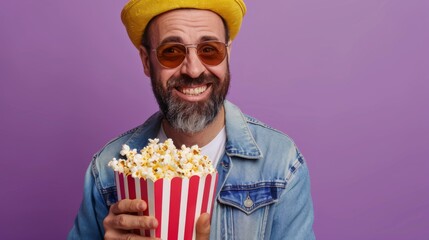 Man Holding a Popcorn Bucket