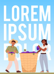 Vector poster with an empty space for text with a scene of grape harvest on a blue background