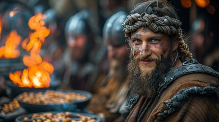 Obraz premium Village craftsmen forge intricate jewelry and weapons in a Norse metalworking shop. 