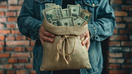 A Businessman carrying a bag containing a wad of money in dollar denominations