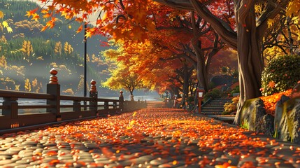3D render of Witness the breathtaking spectacle as leaves fall gracefully in the autumn of Japan.