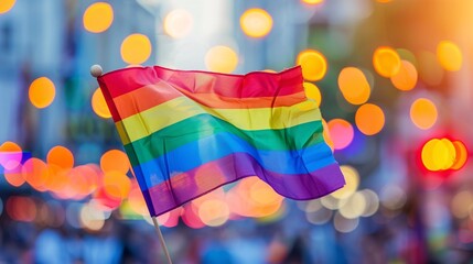 LGBT flag on blurred city background