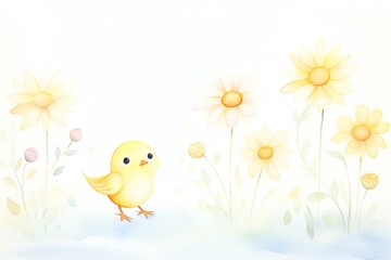 A cute watercolor illustration of a baby chick walking in a field of yellow flowers