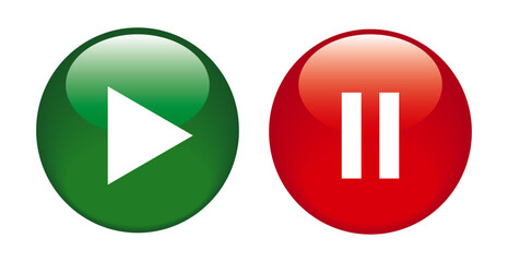 Play and pause 3D buttons isolated on transparent or white background. Green and red glossy buttons with play and pause symbols for video, music, audio concepts, vector illustration.