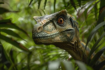 Witness the awe-inspiring sight of a Velociraptor adorned in customized armor, showcasing its intelligence as it navigates the dense foliage of a primeval forest, a scene blending prehistoric power 