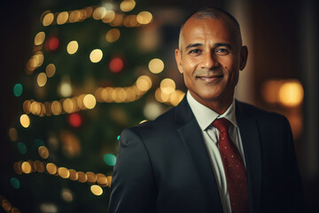 businessman in suit on Christmas tree background