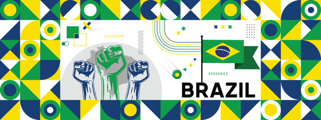 Flag and map of Brazil with raised fists. National day or Independence day design for Counrty celebration. Modern retro design with abstract icons. Vector illustration.