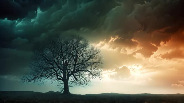 A lone tree stands resolute in the midst of a turbulent storm, defying natures forces, A barren tree standing tall amid a storm's fury