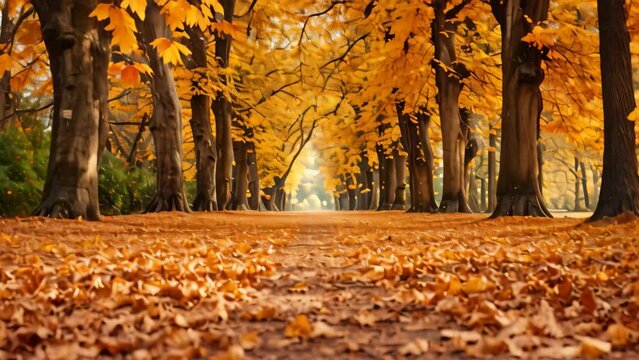 A picture of a winding path in a park covered in a colorful carpet of fallen leaves, A beautiful carpet of autumn leaves in a tree alley in a municipal park