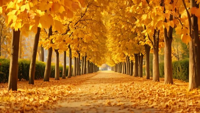 Sunlit Path Through a Road Covered in Vibrant Yellow Autumn Leaves Leading to a Lush Tree Canopy, A beautiful carpet of autumn leaves in a tree alley in a municipal park