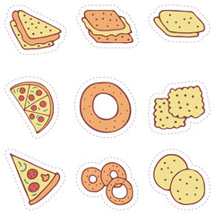 Stickers set of food, dessert, fast food, pizza, sandwich, cracker, cookies. Hand drawn vector colorful doodles in flat style.