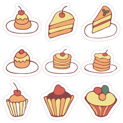 Stickers set of food, dessert, sweets, cookies, cakes. Hand drawn vector colorful doodles in flat style.