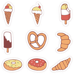 Stickers set of food, dessert, croissant, sweets, cookies, ice cream. Hand drawn vector colorful doodles in flat style.