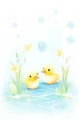 Two cute cartoon baby ducks are playing in a pond