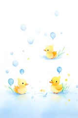 Three cute yellow rubber ducks are floating in a pond. The ducks are all wearing party hats and have different colored balloons tied to their necks.