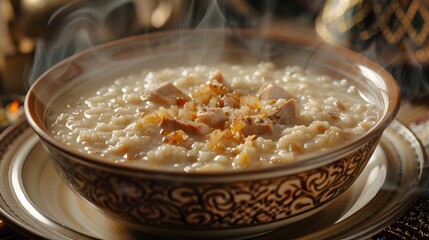 Steaming bowl of savory rice porridge with meat toppings