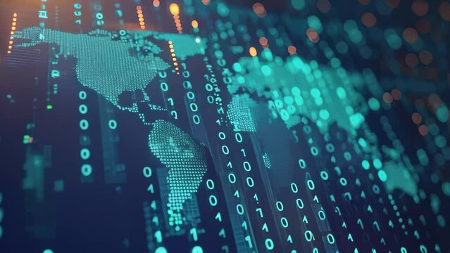 A digital screen showcases a world map, providing a clear and informative visualization of global geography, A binary code pattern shaped like a world map
