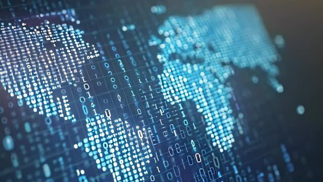 Blue Number World Map, An Intricate Representation of Global Data, A binary code pattern shaped like a world map