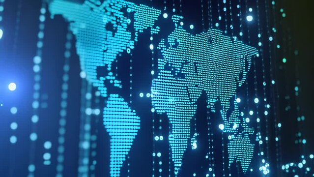 A photo showcasing a precise world map, presented against a dark background, providing clarity and straightforwardness, A binary code pattern shaped like a world map