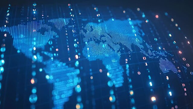 A clear and informative world map shown on a dark background, providing a straightforward visual representation, A binary code pattern shaped like a world map