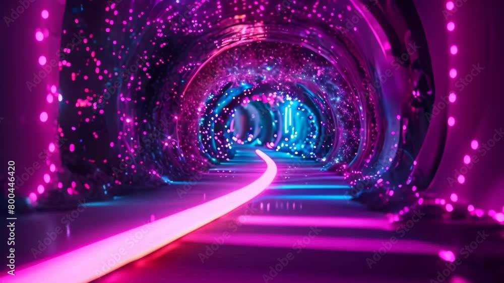 Poster Step into the mesmerizing tunnel filled with shimmering purple and blue lights, A binary universe of abstract shapes and neon lights