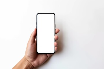 A hand holding a cell phone with a white background - Powered by Adobe
