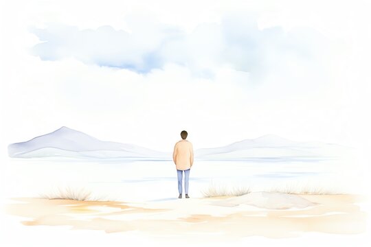 A lonely figure stands on a beach, looking out at the vast ocean