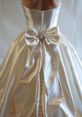 Bride showing back of wedding dress detail, large white bow.
