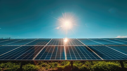 A vast solar power station with rows of blue panels gleams in the sunlight