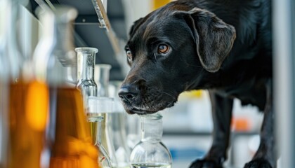 Carnivore Dog sniffing liquid in glass bottle in lab