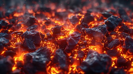 A close up of a pile of burning coal. The red and orange flames dance around the black rocks, creating a mesmerizing and dangerous scene.