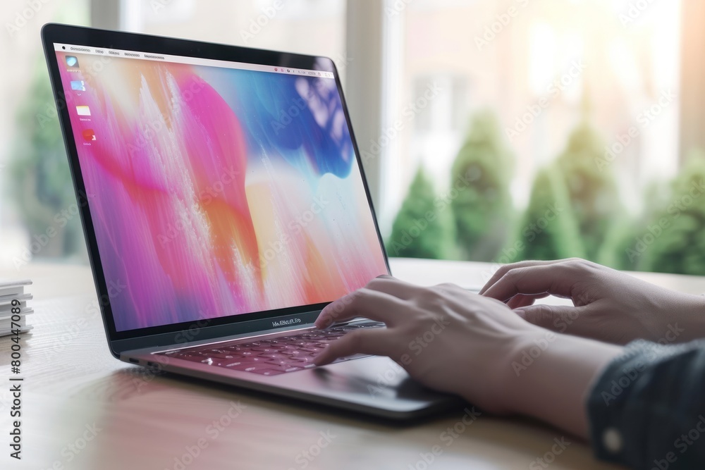 Poster a person is typing on a laptop with a colorful background. the laptop is open to a screen with a rai