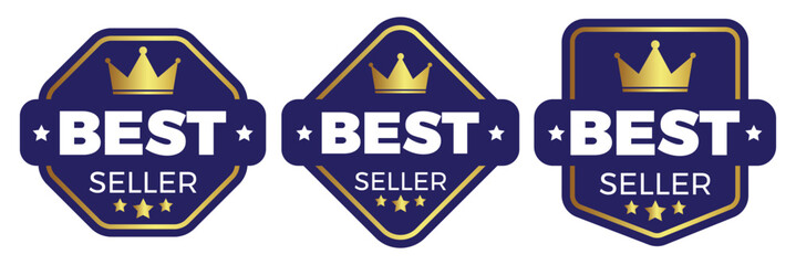 Obraz premium Best seller sticker label set with gold medal and blue ribbon isolated fit for mark best seller product, book cover label. Vector premium quality gold emblems with stars, crowns and metal look. 11:11
