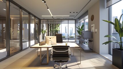 Tranquil Workspace - Minimalist Office with Stylish Desk and Greenery