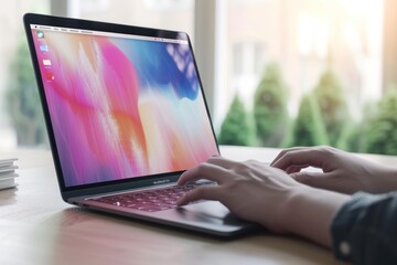 A person is typing on a laptop with a colorful background. The laptop is open to a screen with a rainbow background. The person is focused on their work - Powered by Adobe